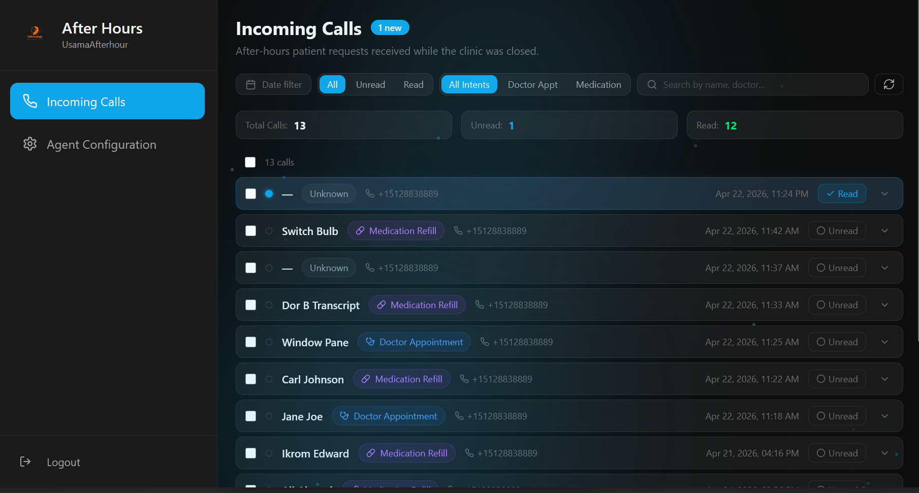 After-hours dashboard showing incoming calls with intent categorisation