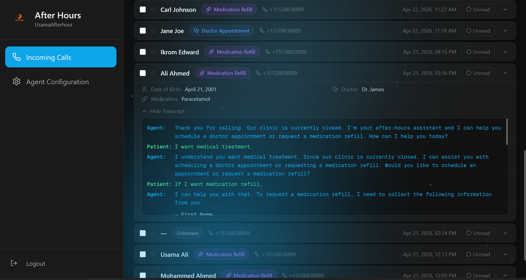 After-hours call transcript showing full patient conversation and collected details