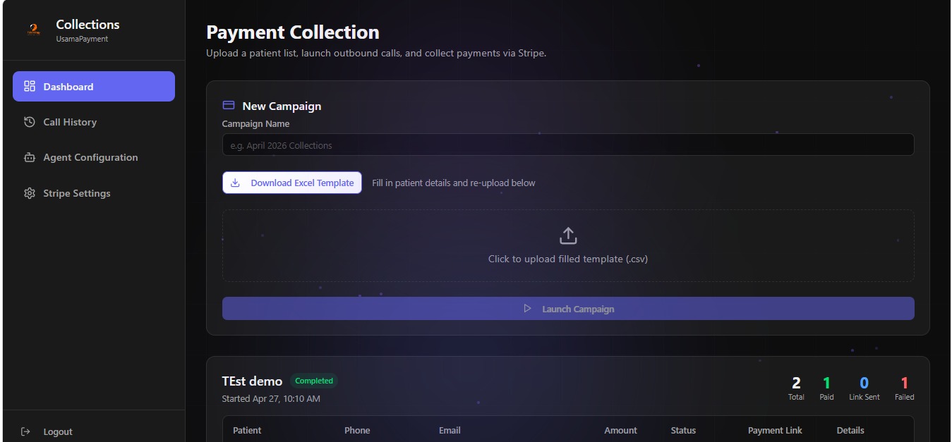 Payment collections dashboard showing the new campaign setup interface