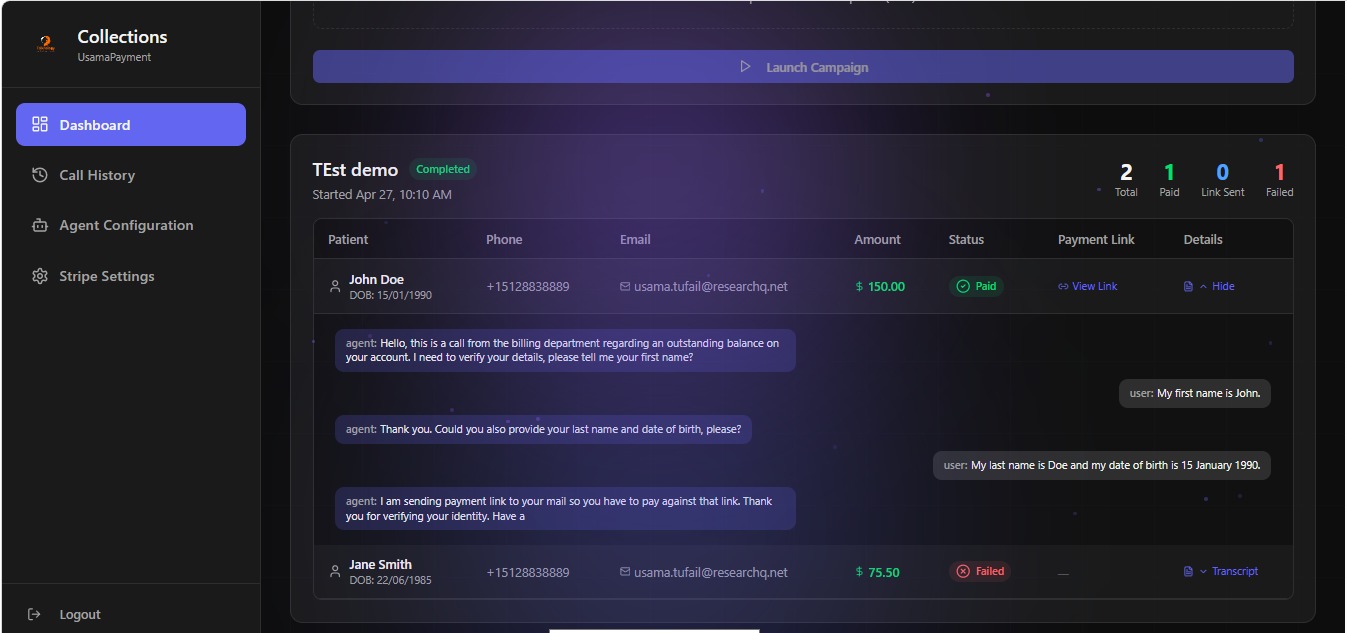Collections dashboard showing live campaign with patient statuses and call transcript